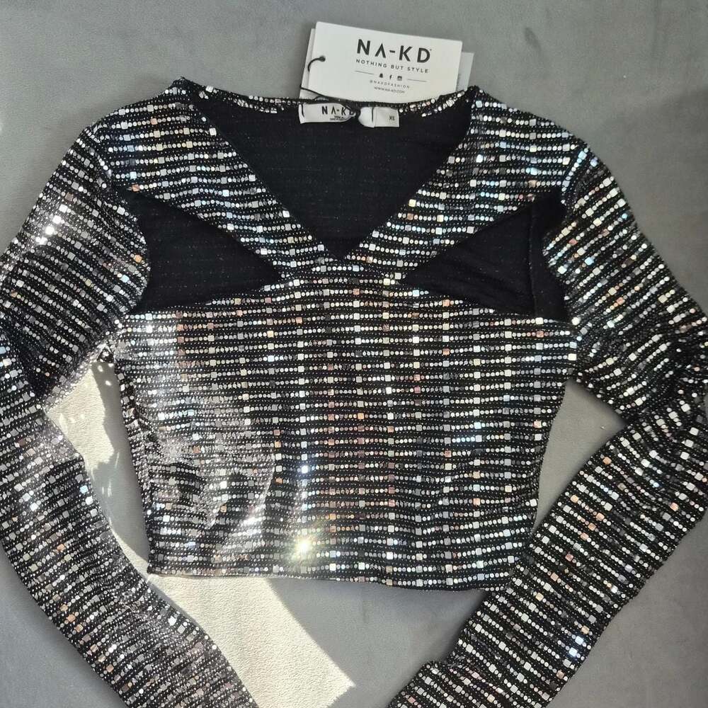 NA-KD Black and Silver Sequin Cut Out Long Sleeve Crop Top